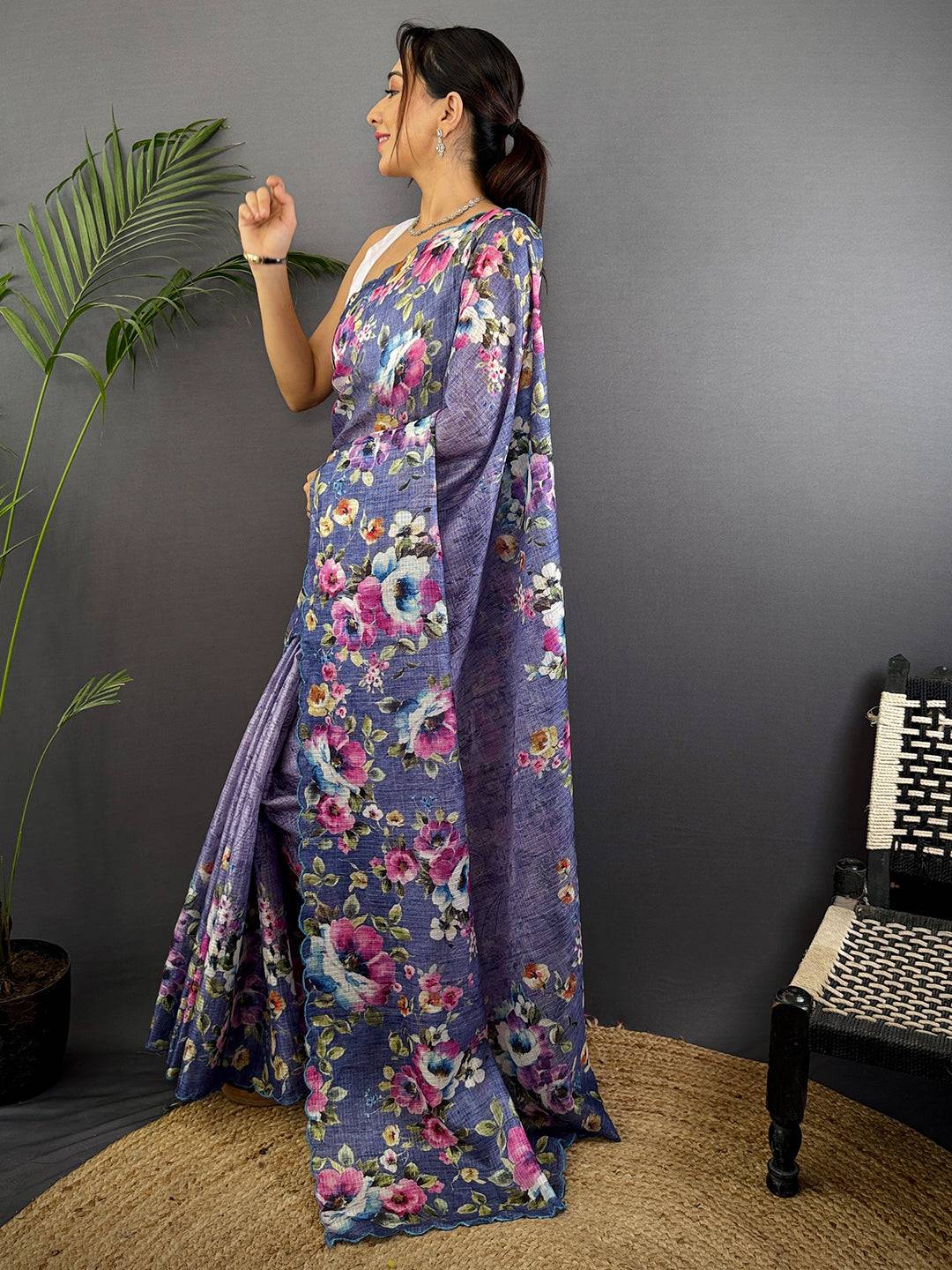 Lavender Floral Cut Work Kota Saree