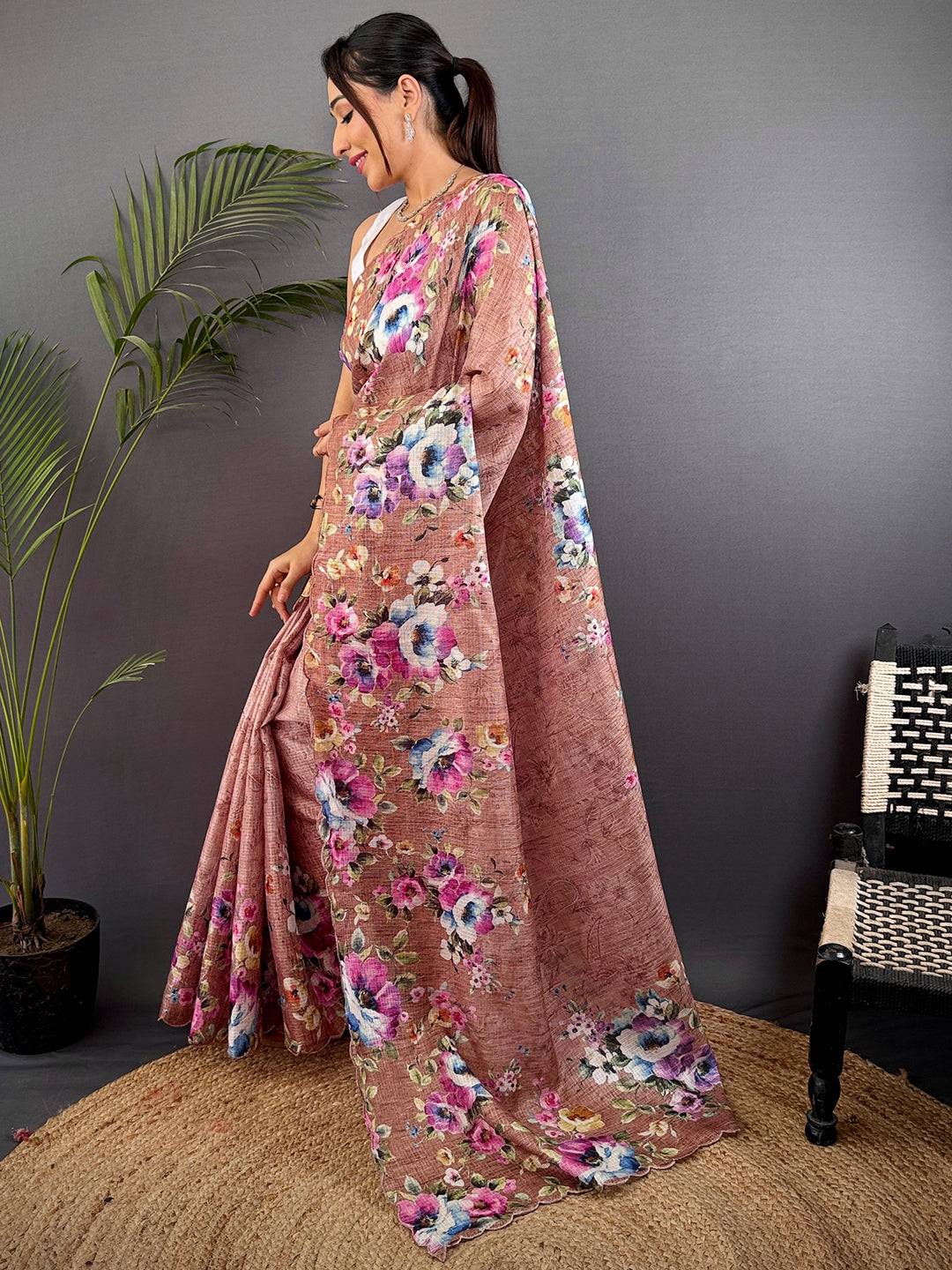 Brown Kota Doriya Floral Cut Work Saree