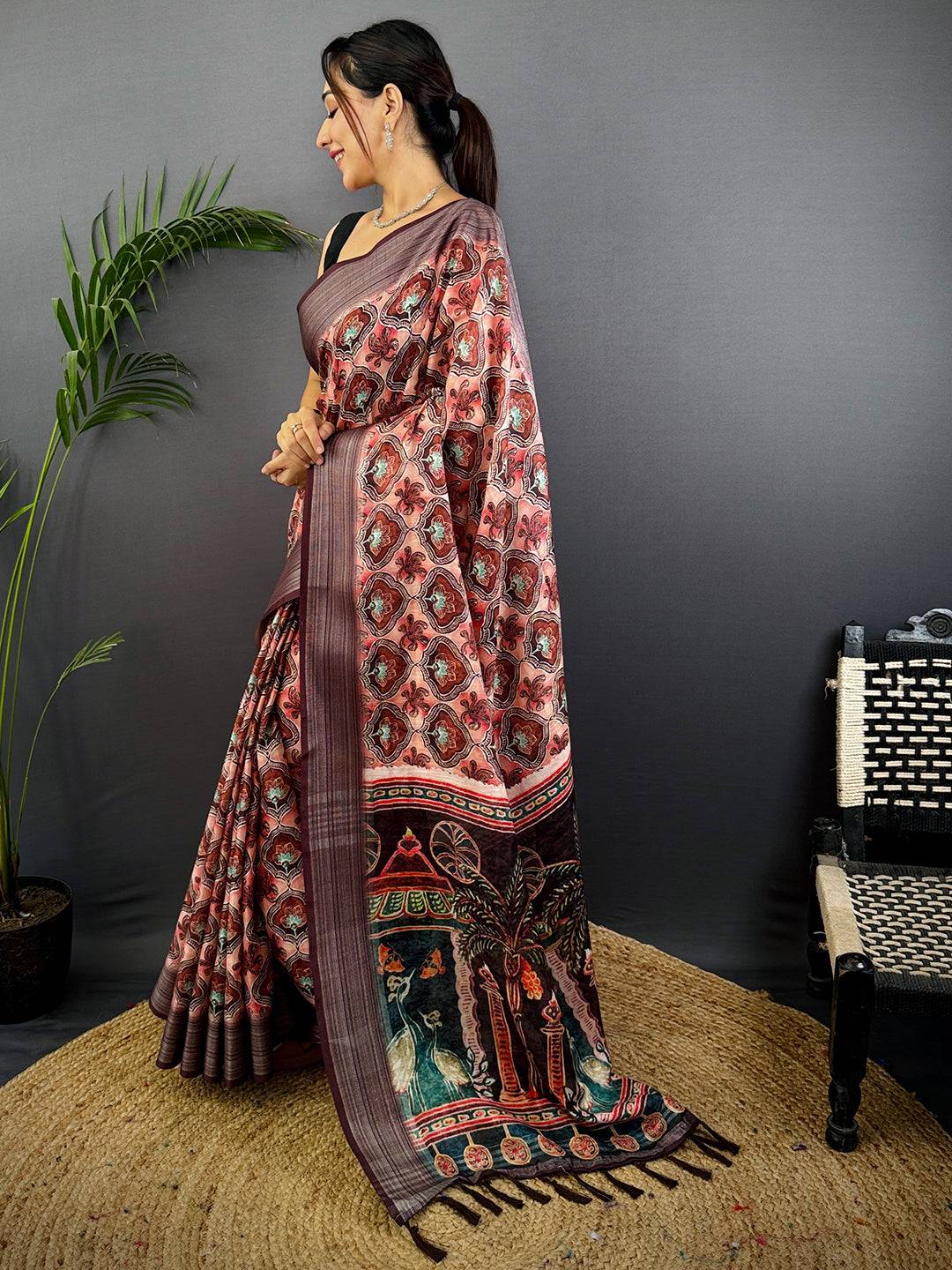 Peach Linen Block Kalamkari Print Saree