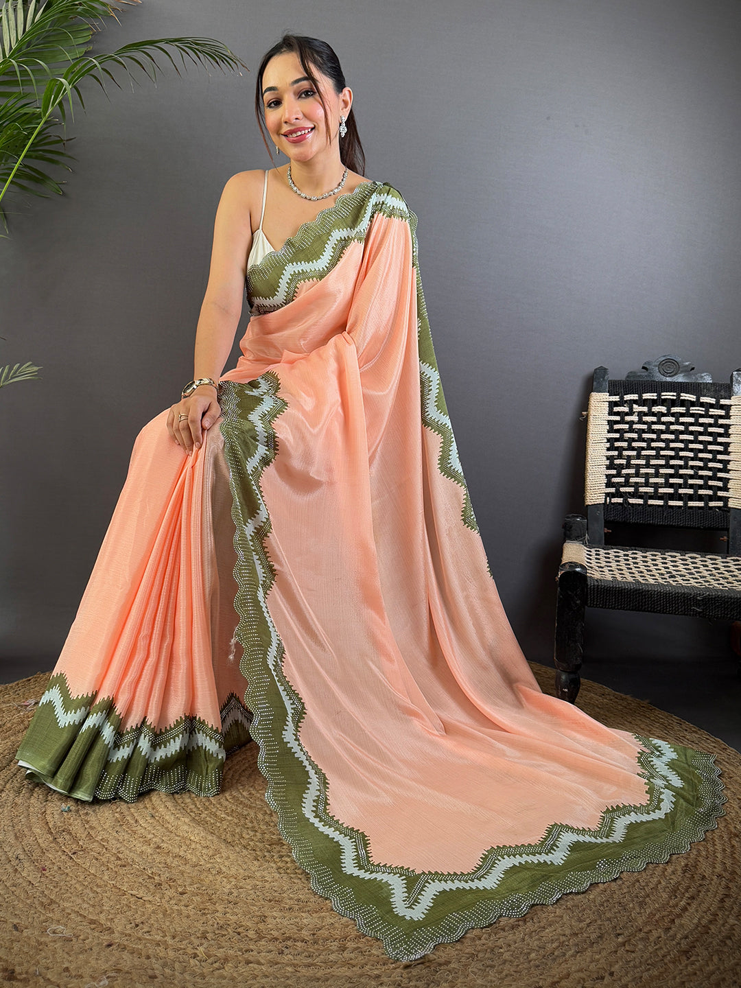 Peach Soft Chinnon Swarovski Work Saree