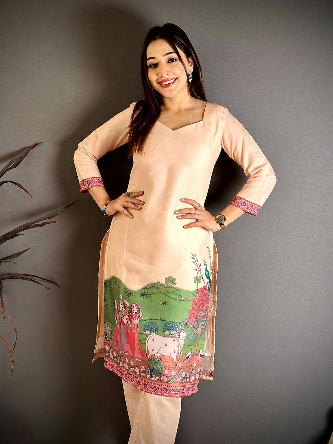 Pichwai Diamond Neck Kurti