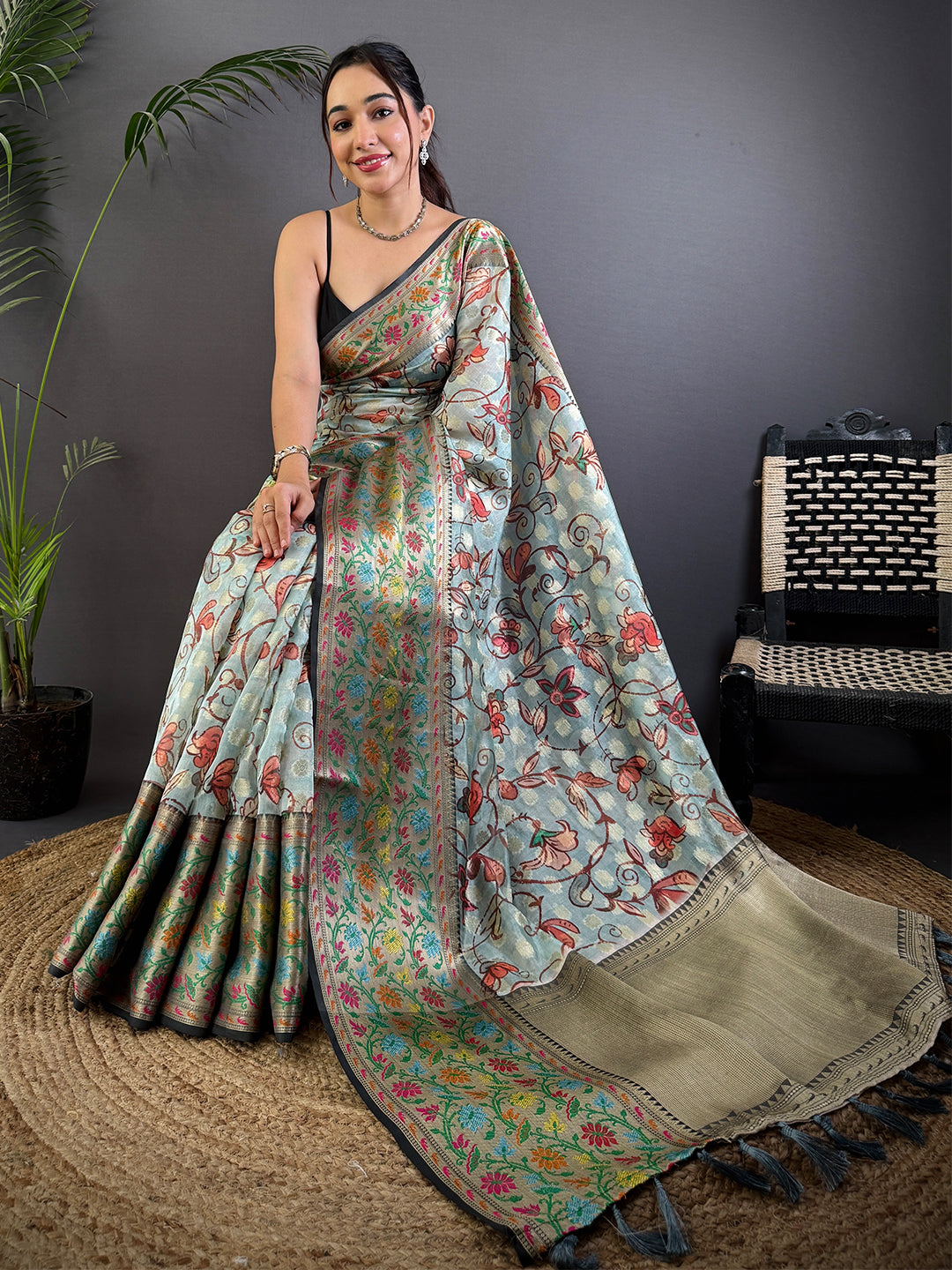 Sky Blue Kalamkari Printed Kora Tissue Saree