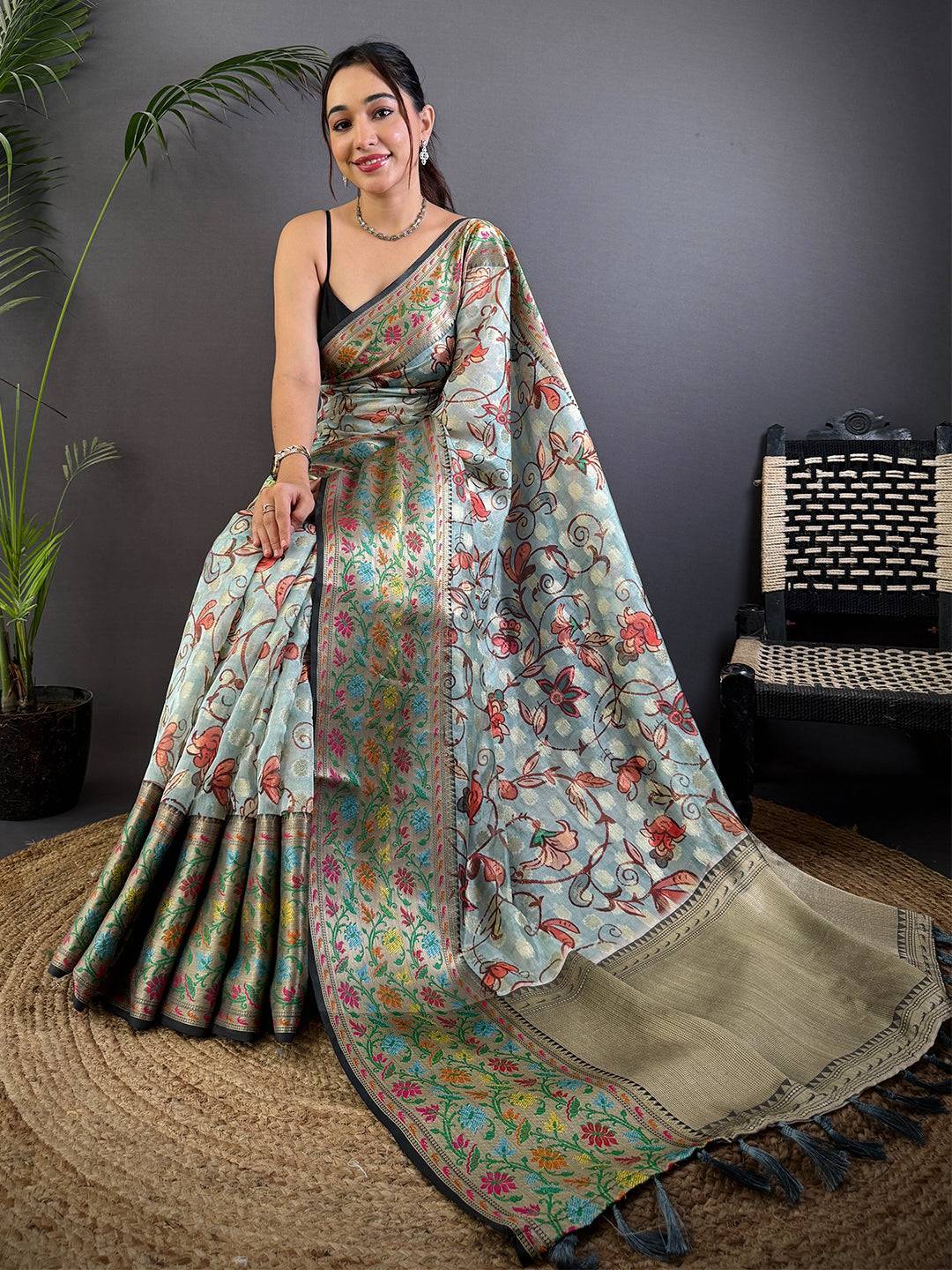 Sky Blue Kalamkari Printed Kora Tissue Saree