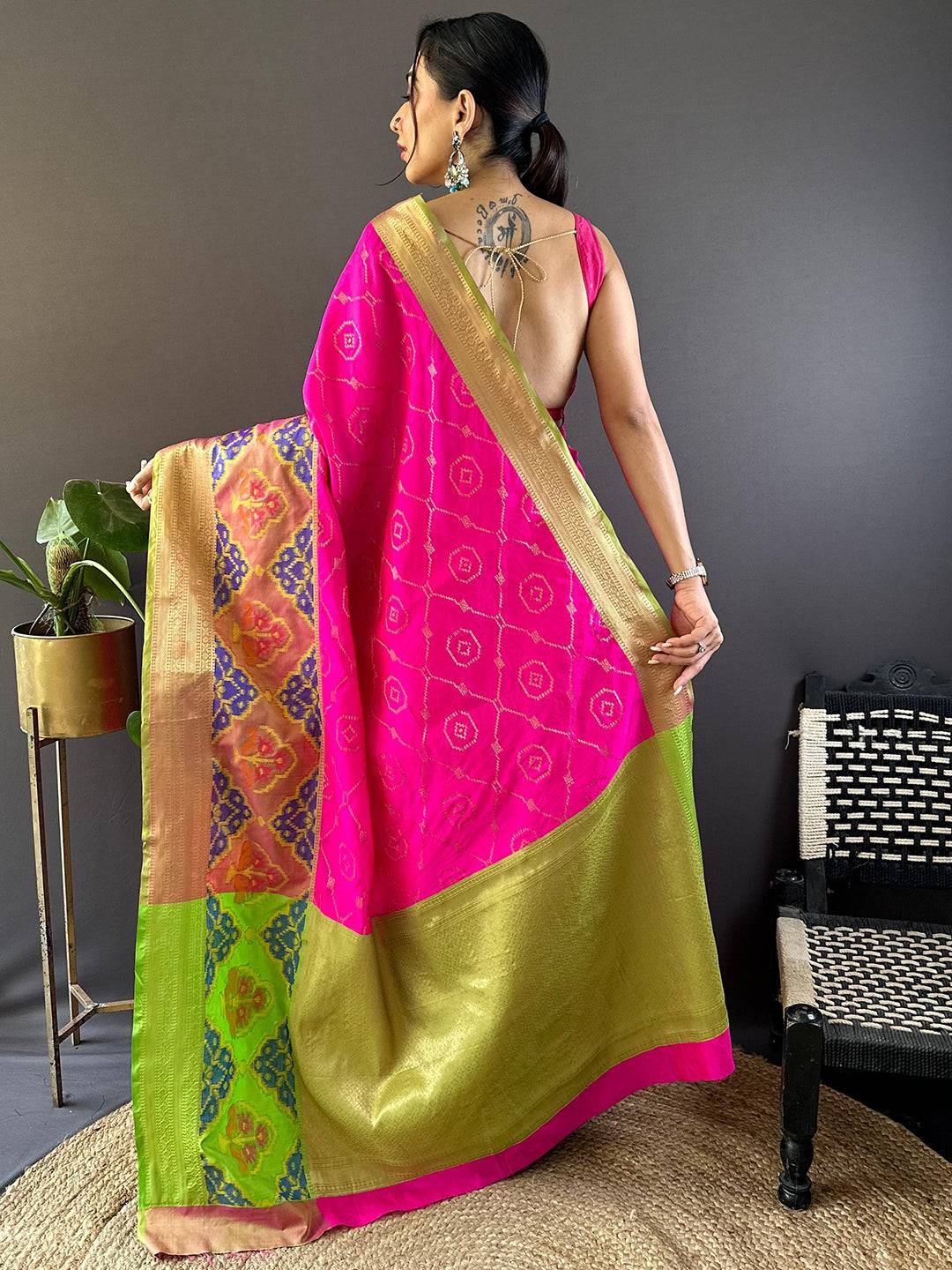 Pink Katan Silk Ikkat Saree