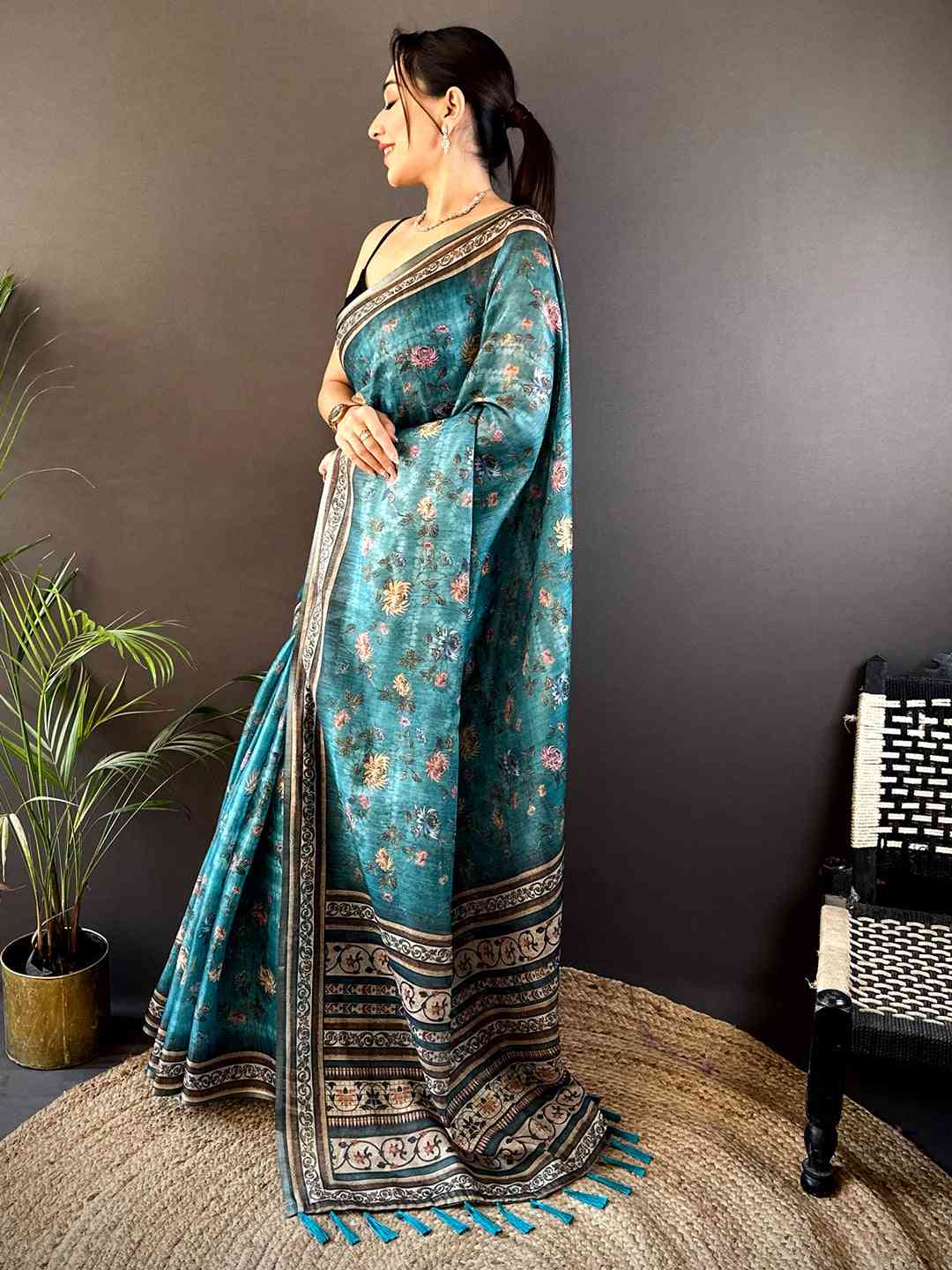 Teal Gold Zari Chanderi Phulkari Saree