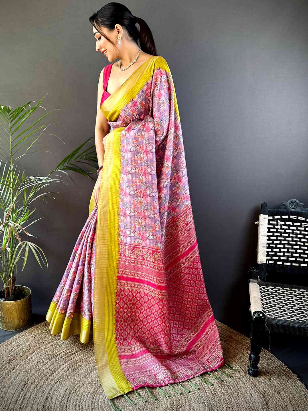 Lavender Tussar Chex Floral Saree