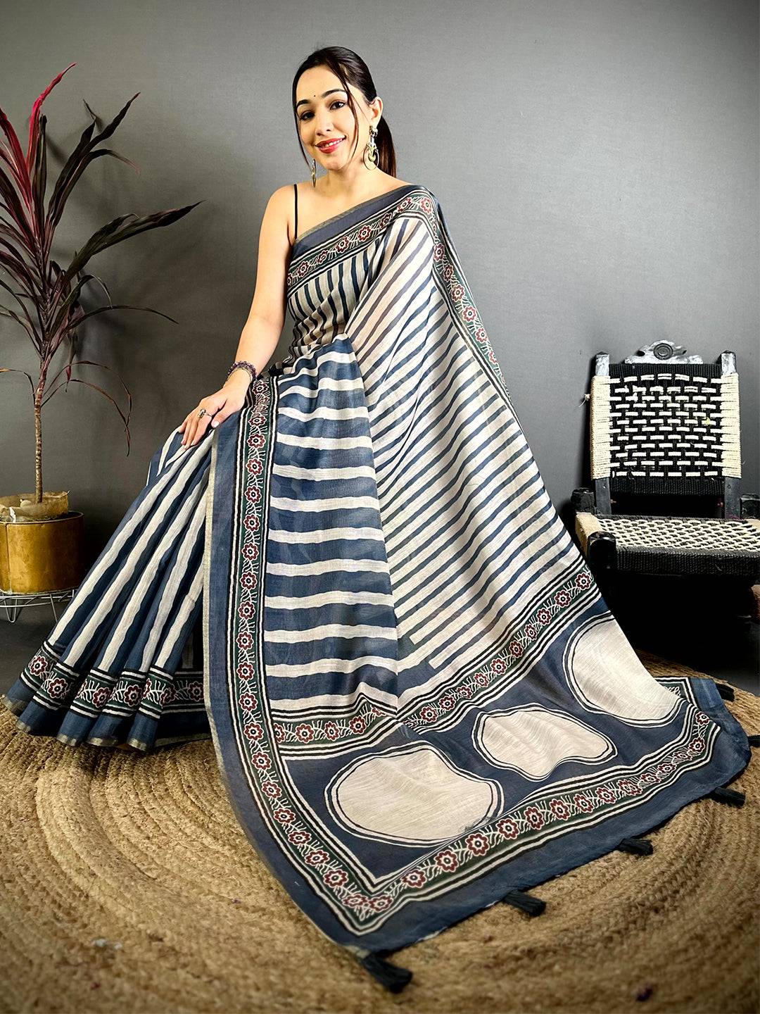 Timeless Ajrakh Print Linen Saree