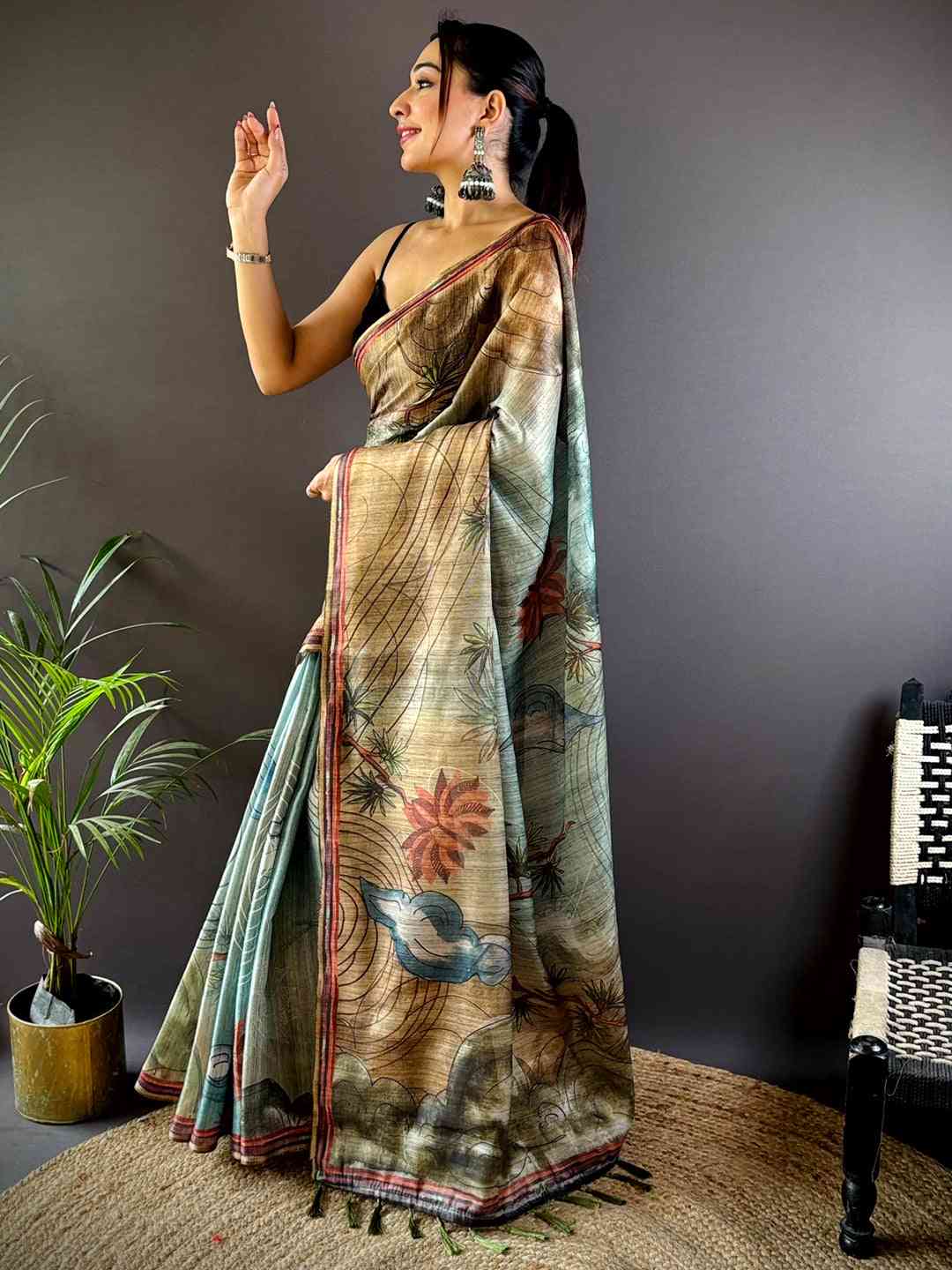 Sky Blue Tissue Chanderi Floral Abstract Saree