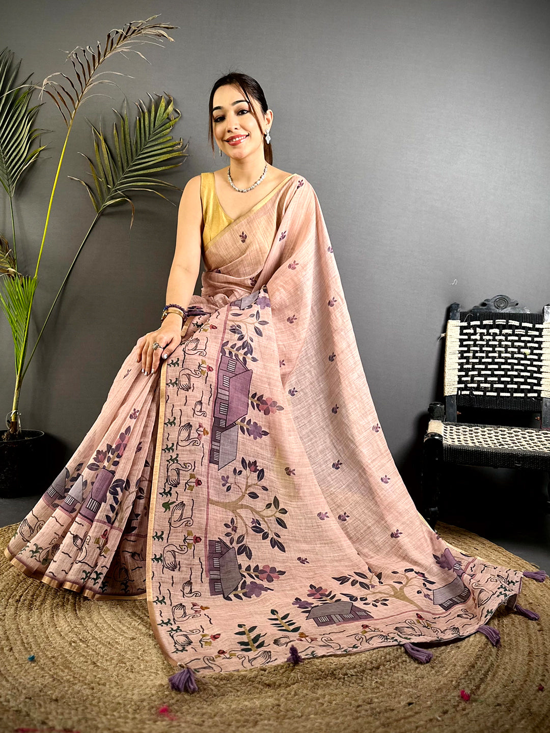 Pink Kalamkari Madhubani Print Saree