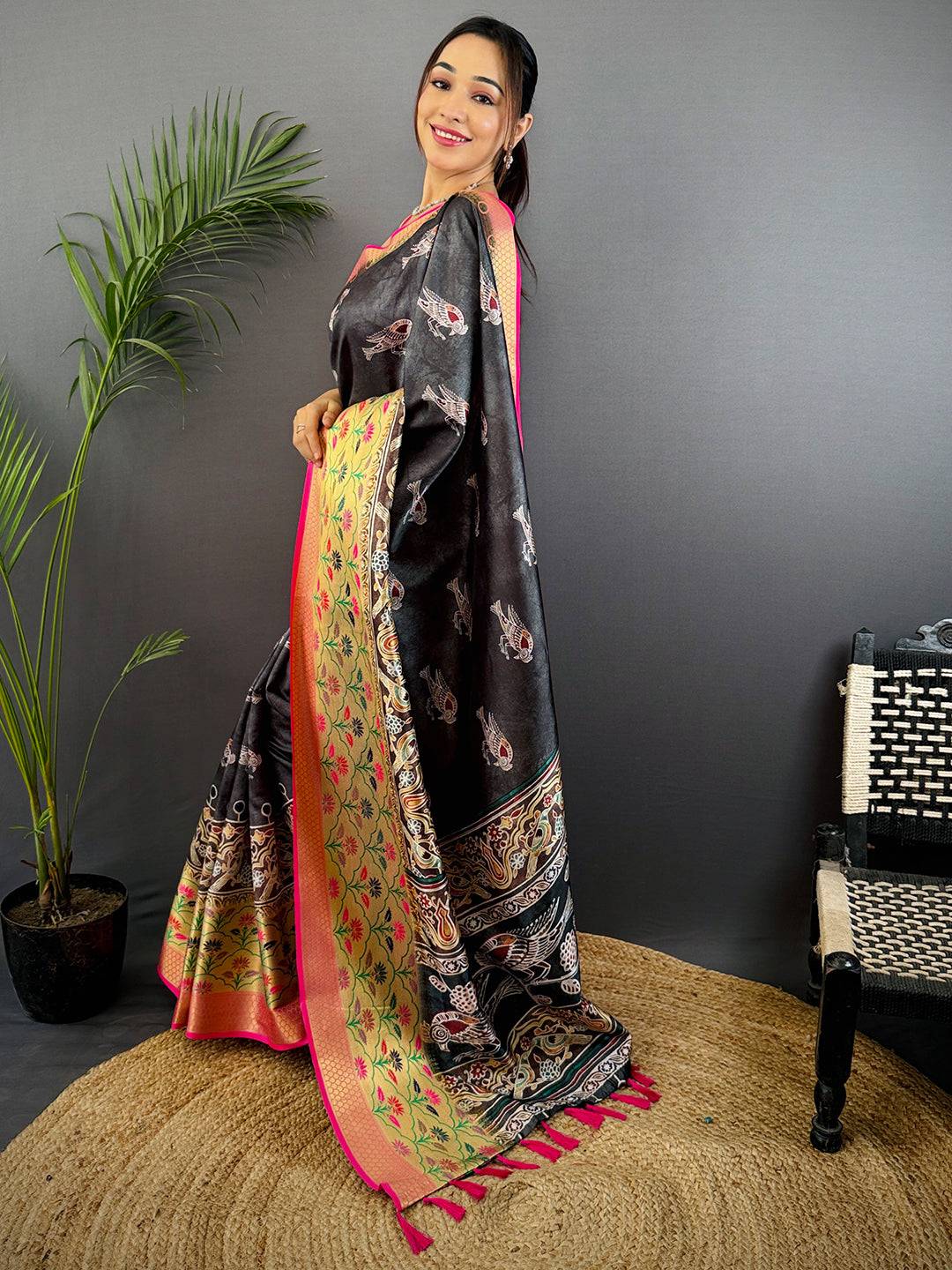 Black Freehand Digital Print Soft Silk Saree