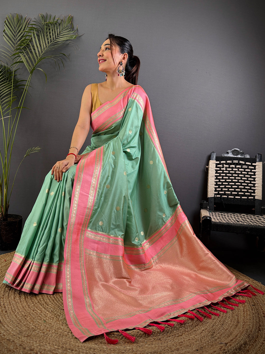 Pista Soft Silk Floral Butta Saree