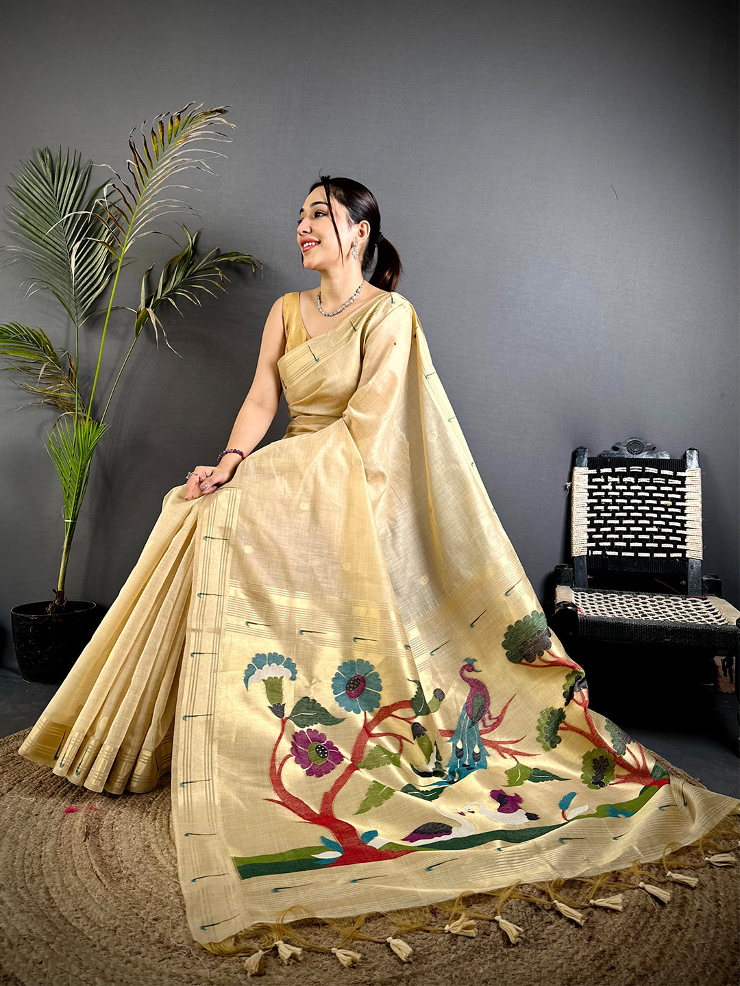 Off White Minakari Grace Khadi Linen Saree