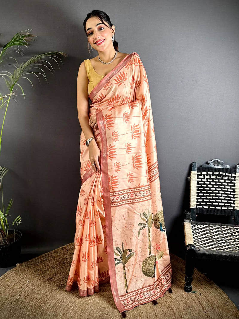 Peach Tussar Ghicha Pichwai Fusion Saree