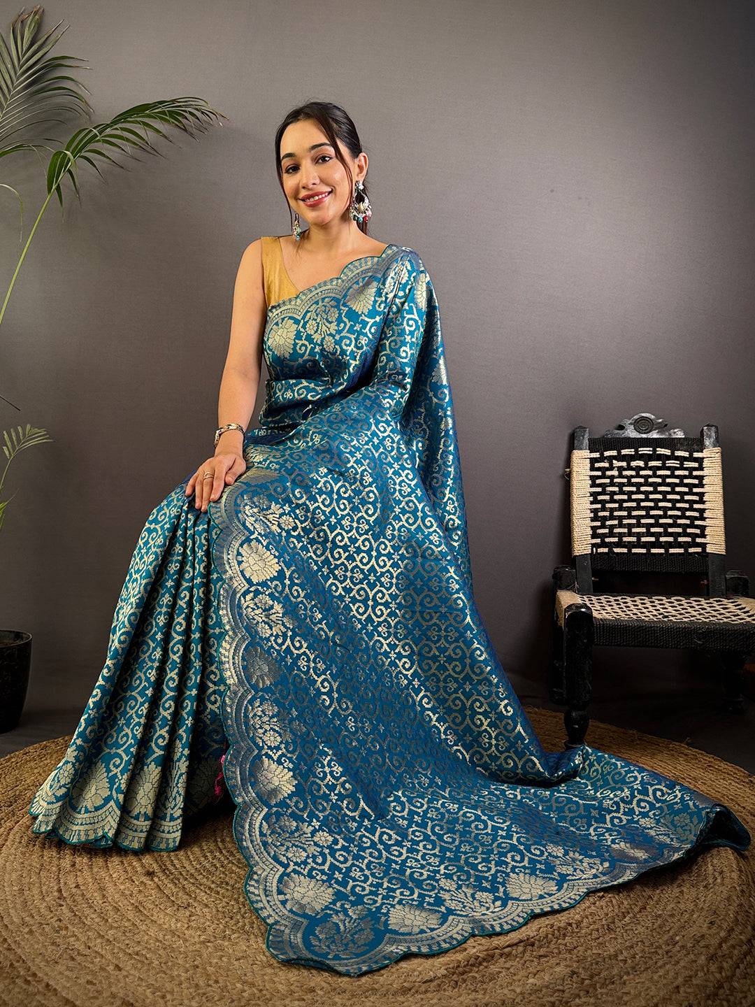 Golden Banarasi Soft Silk Cutwork Saree