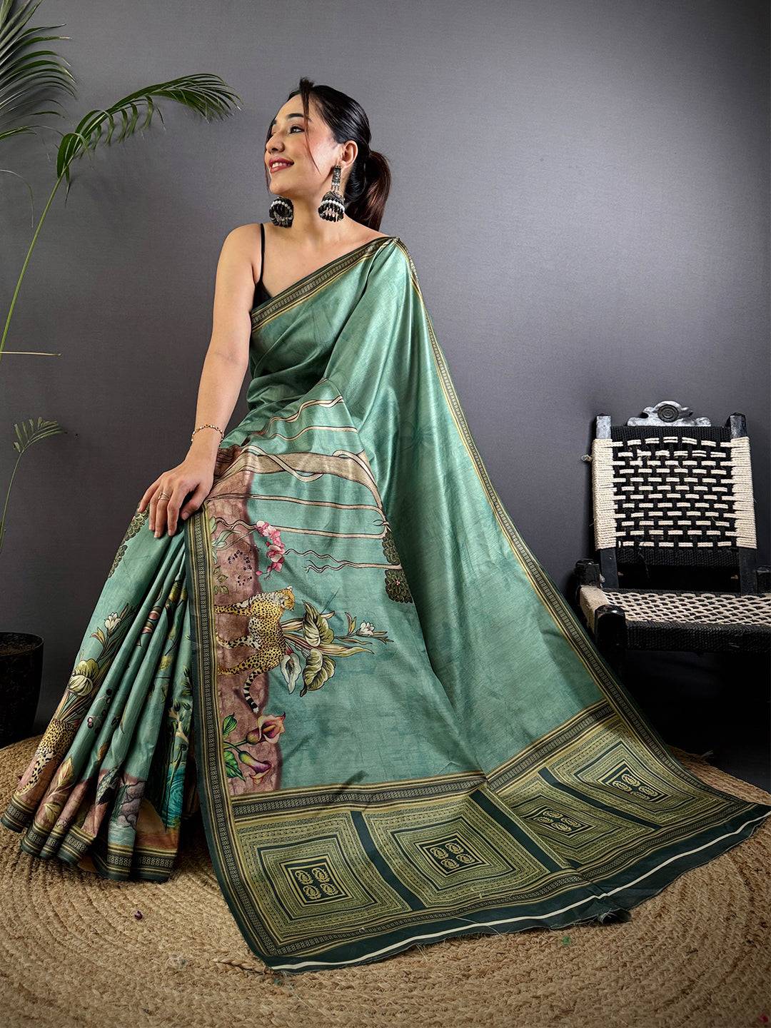 Green Soft Dola Silk Printed Saree