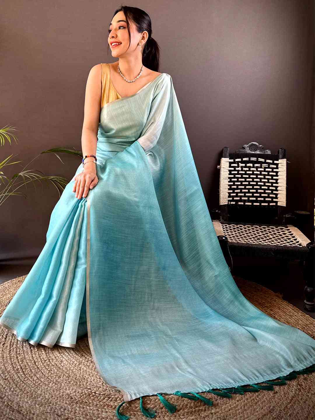 Sky Blue Ombre Chanderi Tissue Saree
