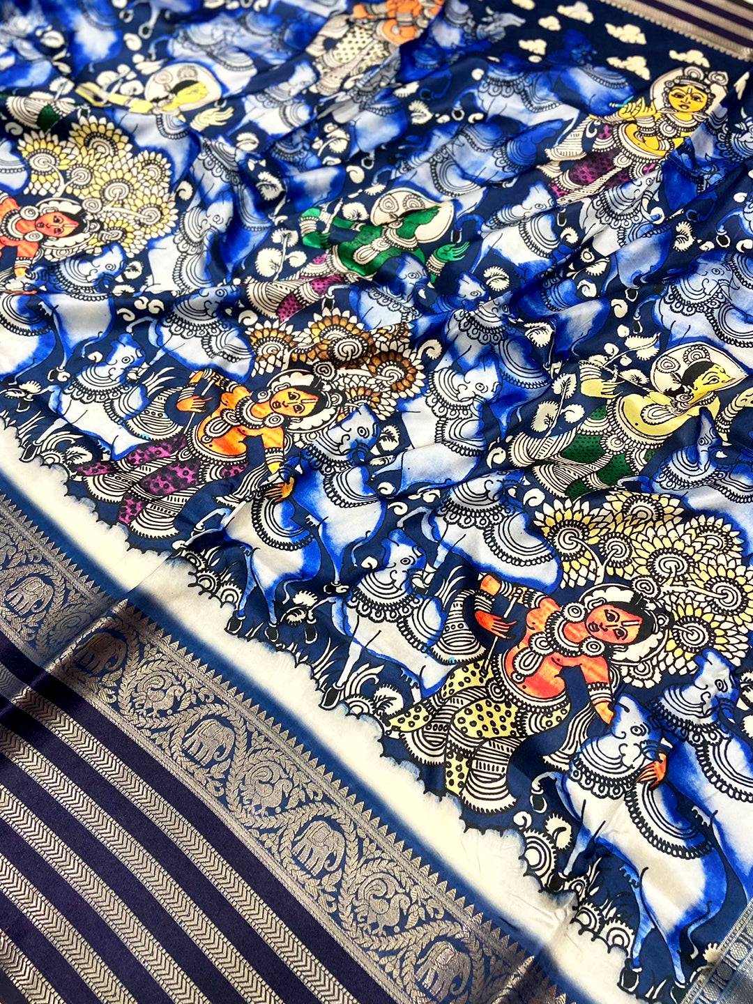 Royal Blue Kalamkari Printed Banarasi Saree