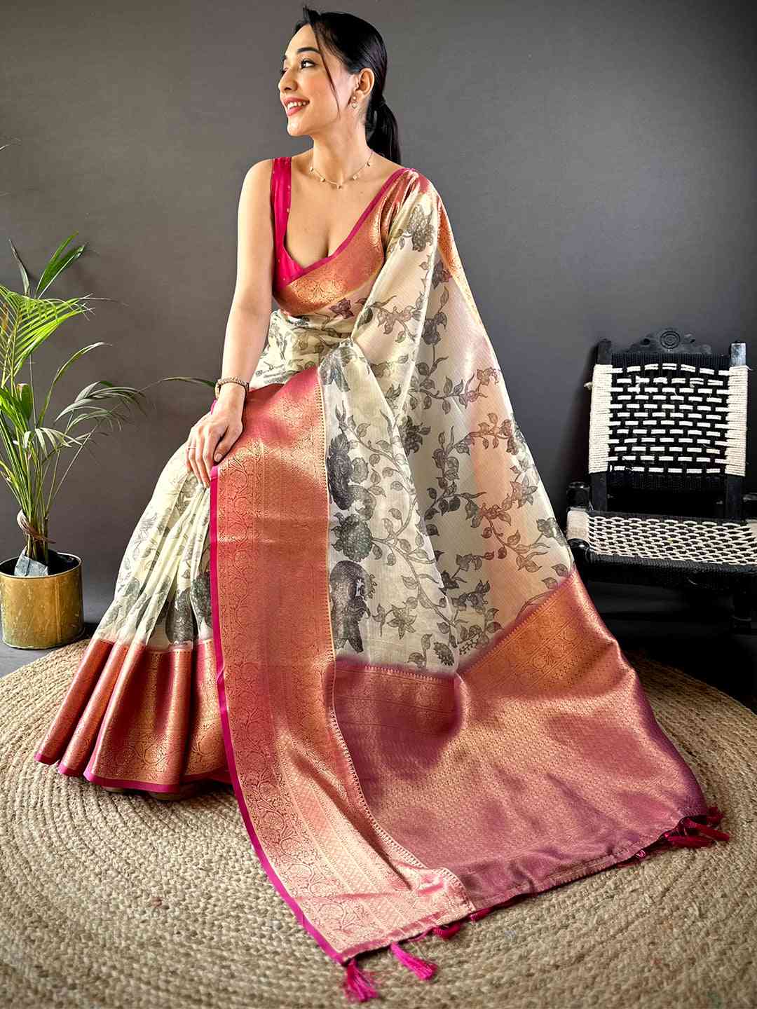 Black Kalamkari Gold Zari Tissue Saree