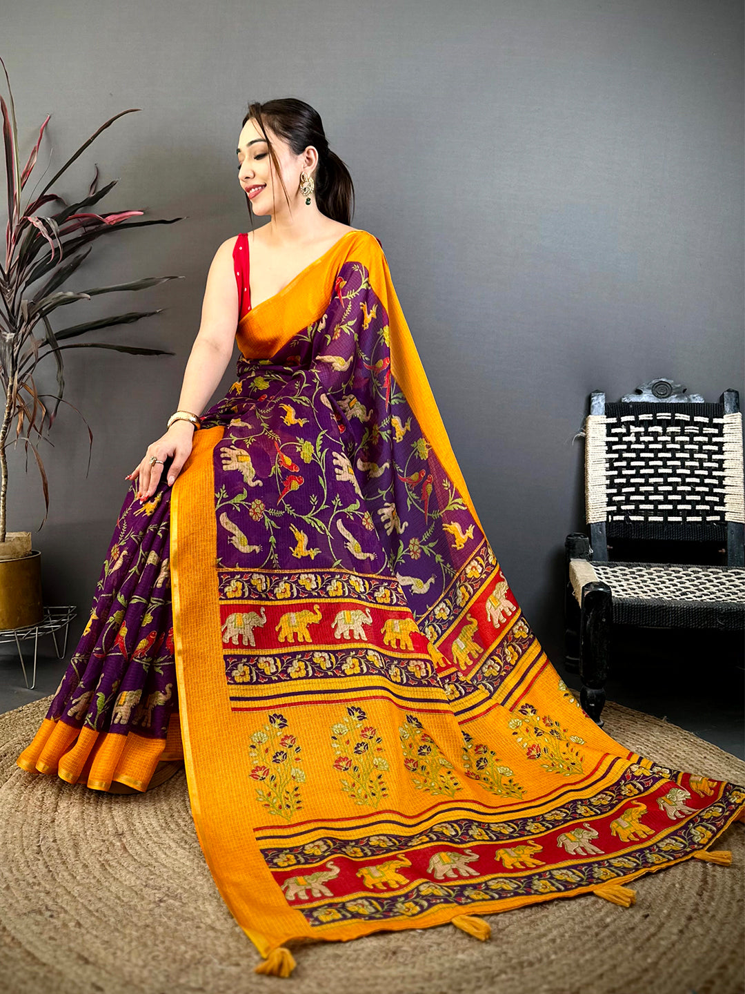 Purple Kota Doriya Block Print Saree