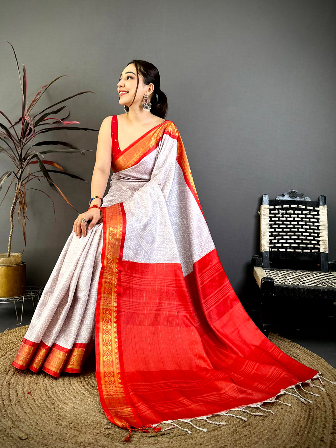Grey Colour Soft Silk Bandhej Print Saree