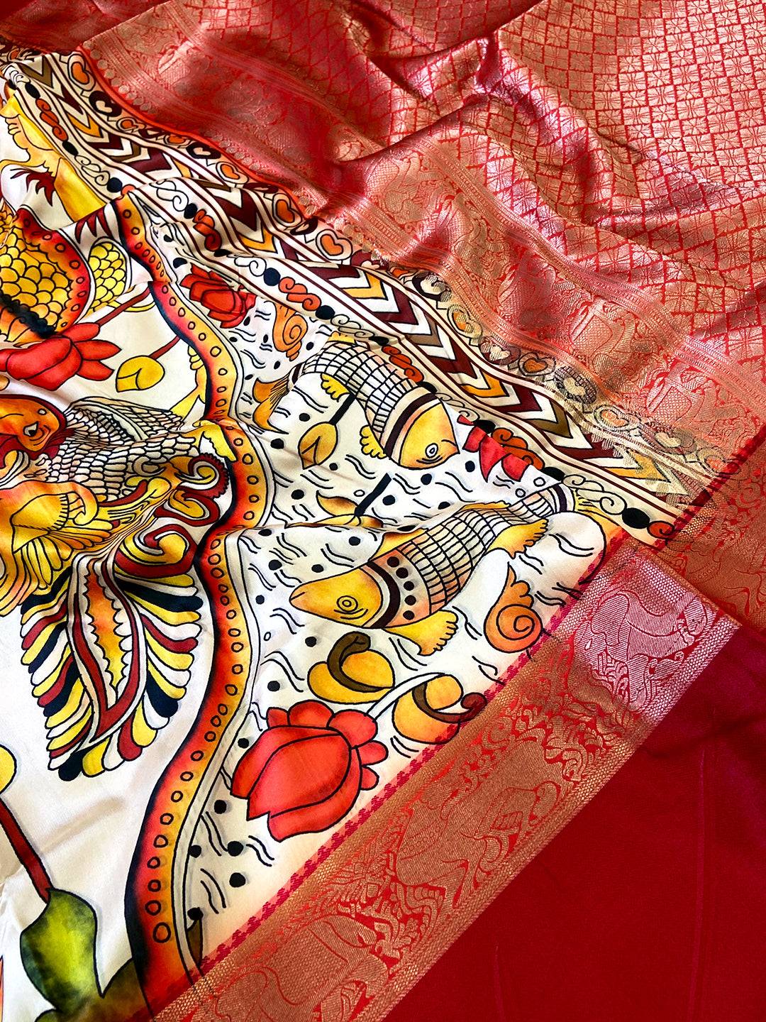 Graceful Cream Banarasi Silk Kalamkari Saree
