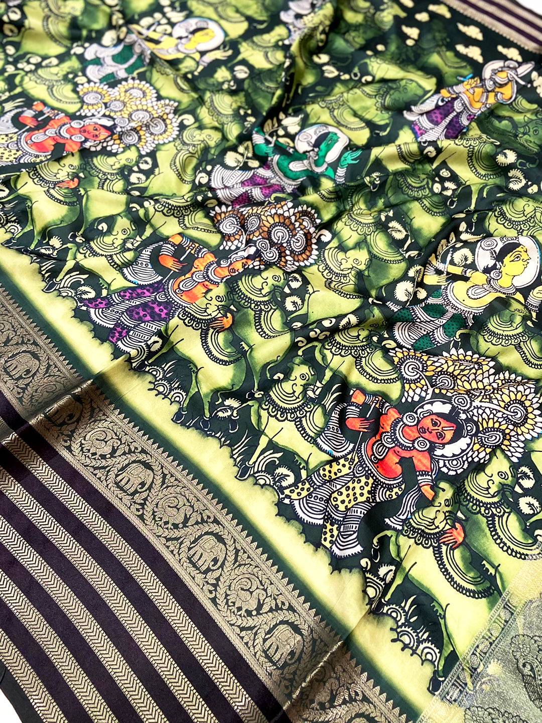 Parrot Green Kalamkari Printed Banarasi Saree