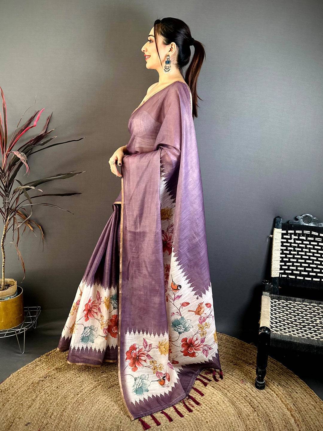Purple Floral Ikat Linen Chanderi Saree