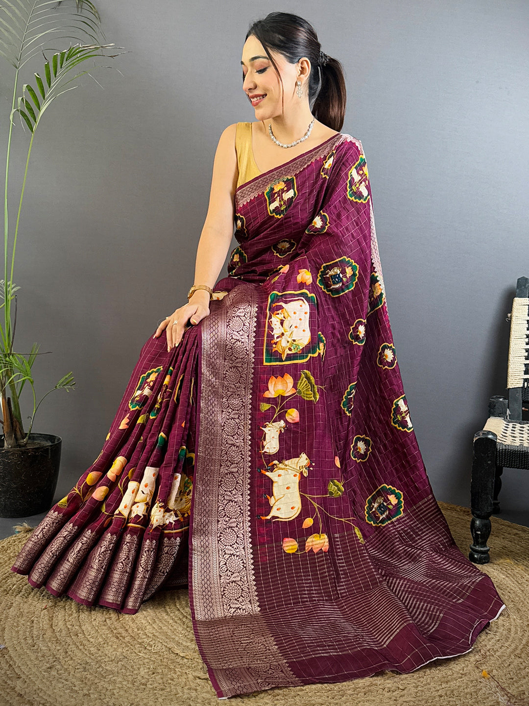 Deep Wine Pure Viscose Kalamkari Saree