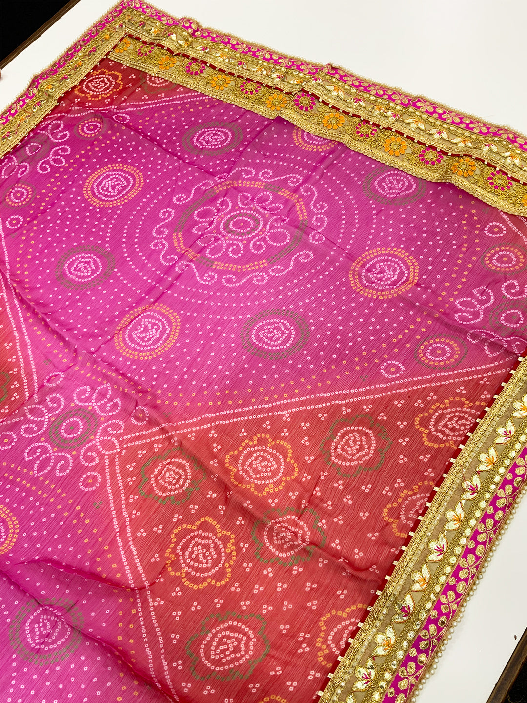 Latest Chinnon Foil Work Bandhej Saree