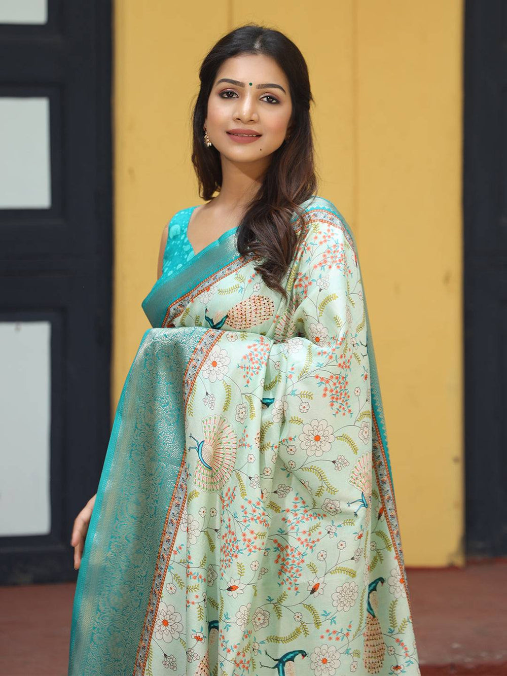 Pista Ajrak Block & Hand Kalamkari Print Pure Viscose Saree