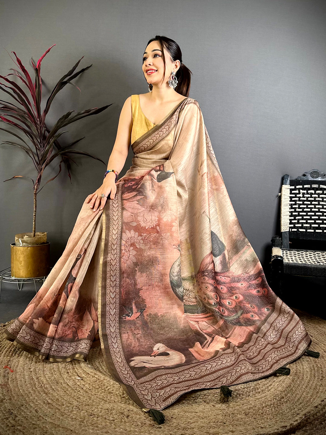 Elegant Art Poster Pallu Kalamkari Linen Saree
