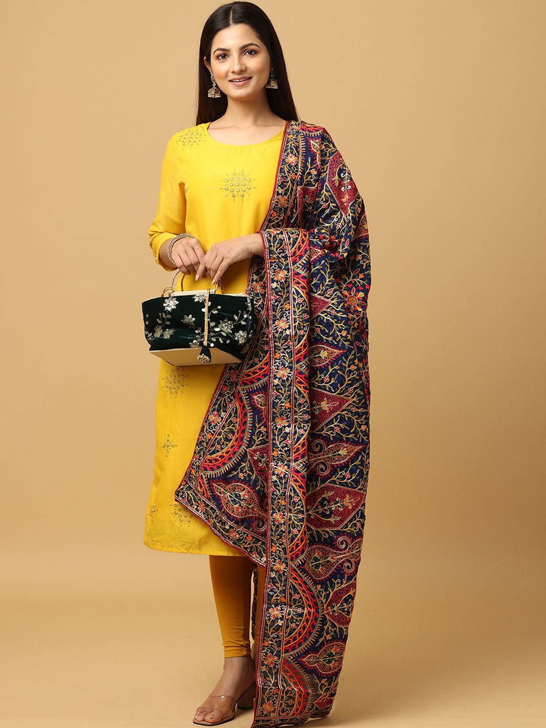 Model holding Navy Poly Chiffon Pashmina Dupatta