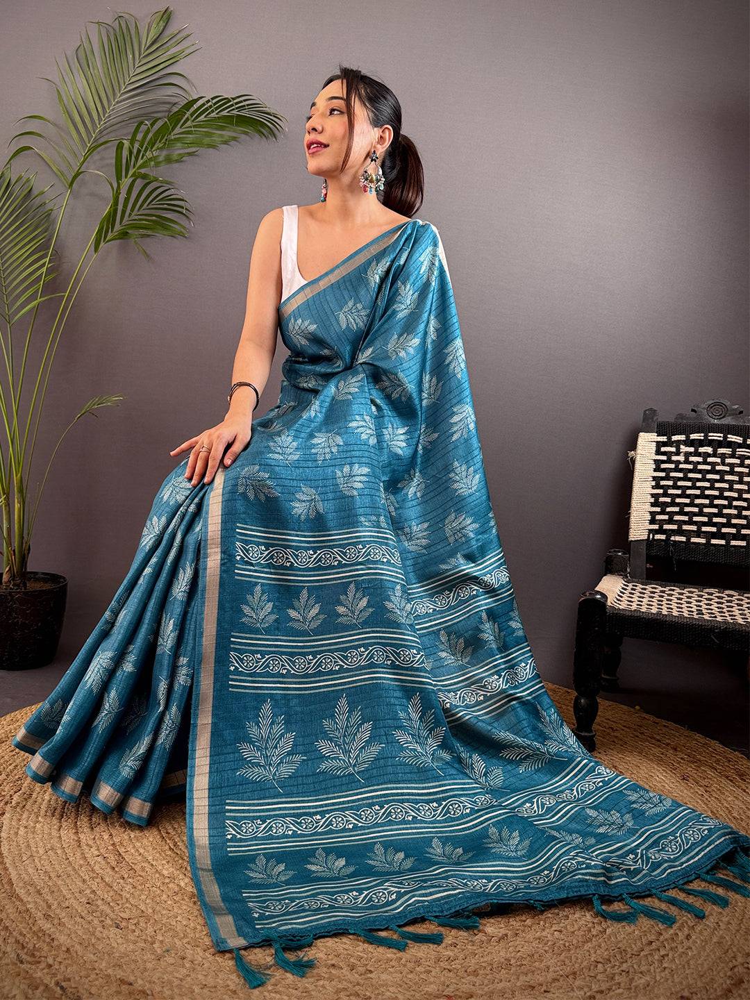 Teal Blue Leaf Print Ghicha Handloom Saree