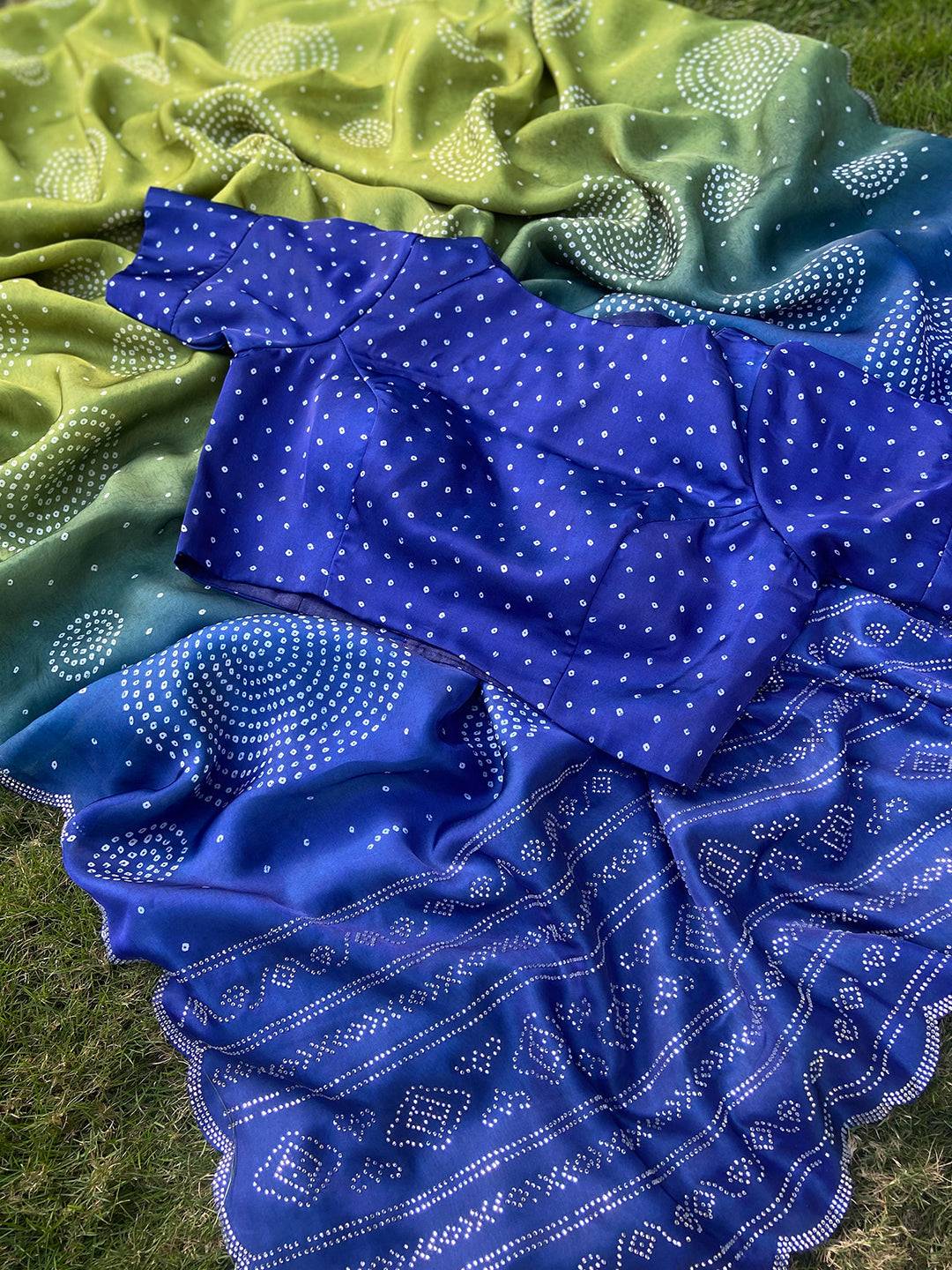 Georgette Silk Saree with Ombre Bandhej Print & Stone Work