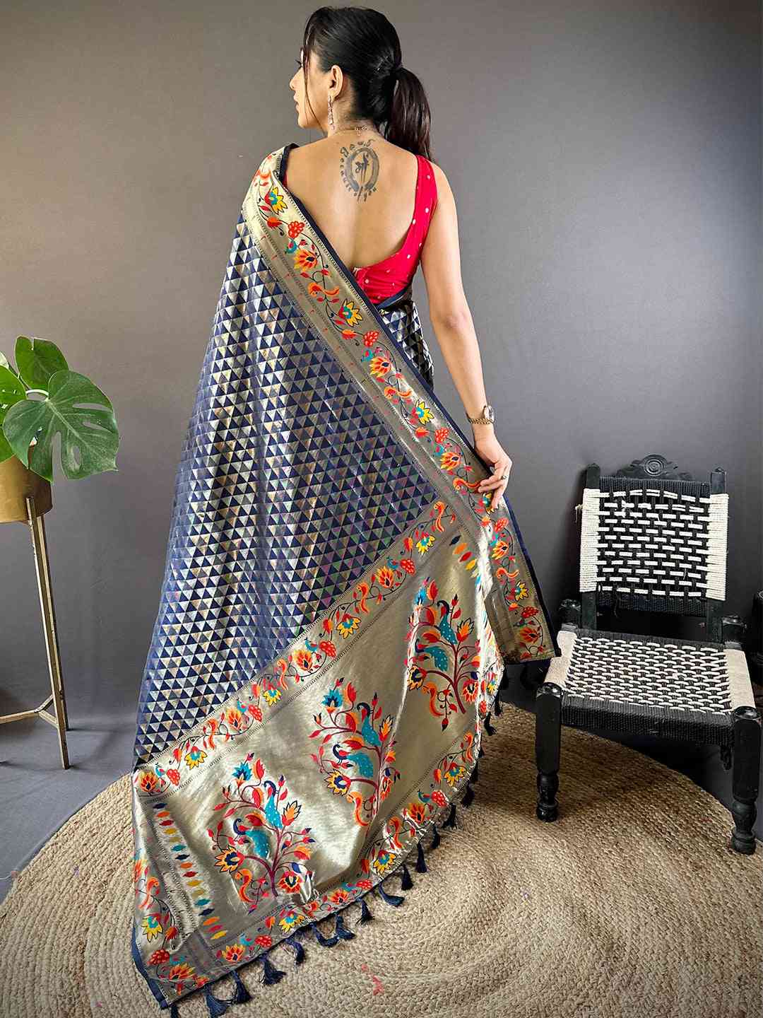 Back view of Navy Silk Paithani Saree with Zari Border