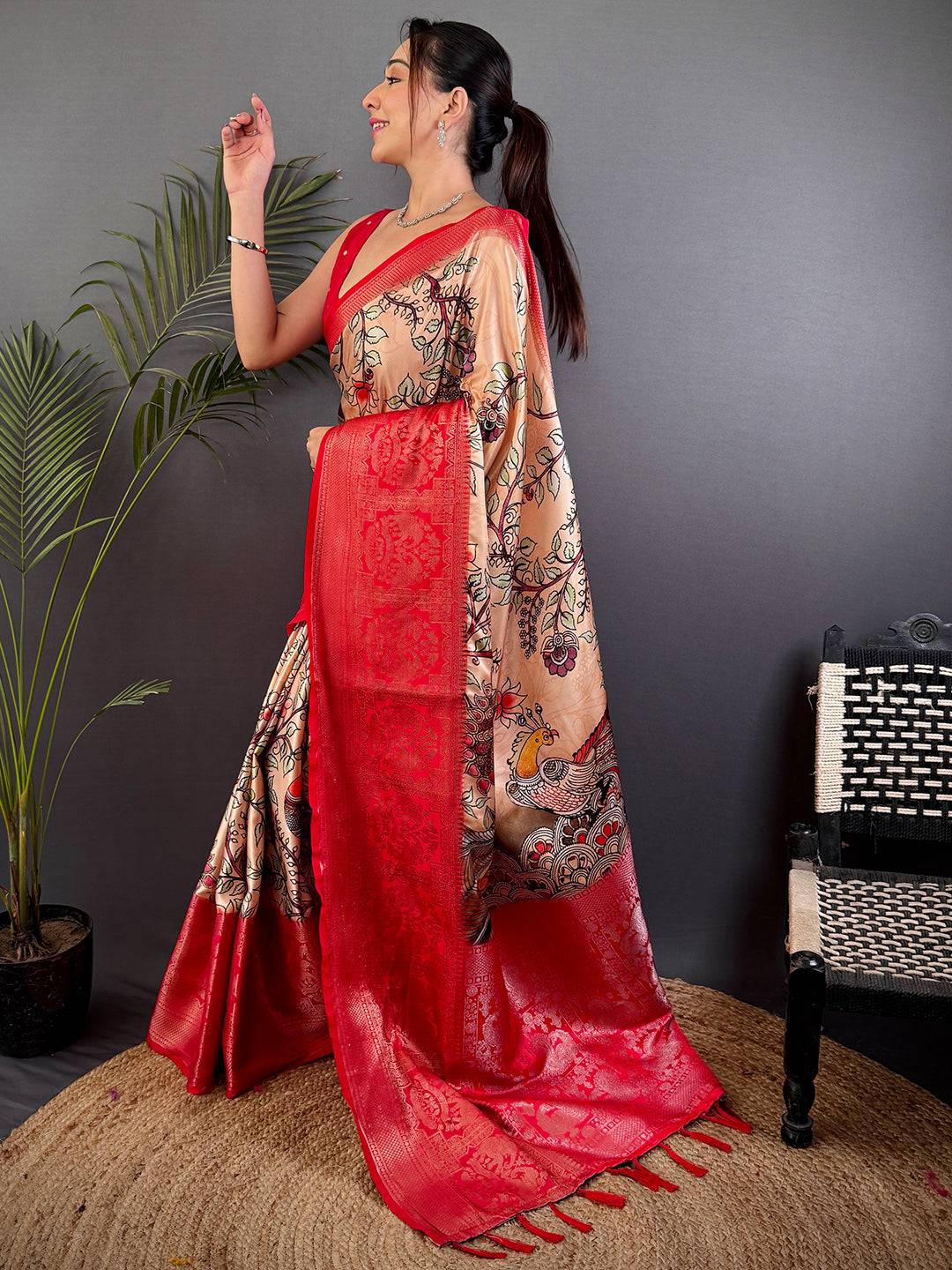 Peach Kalamkari Printed Soft Satin Saree