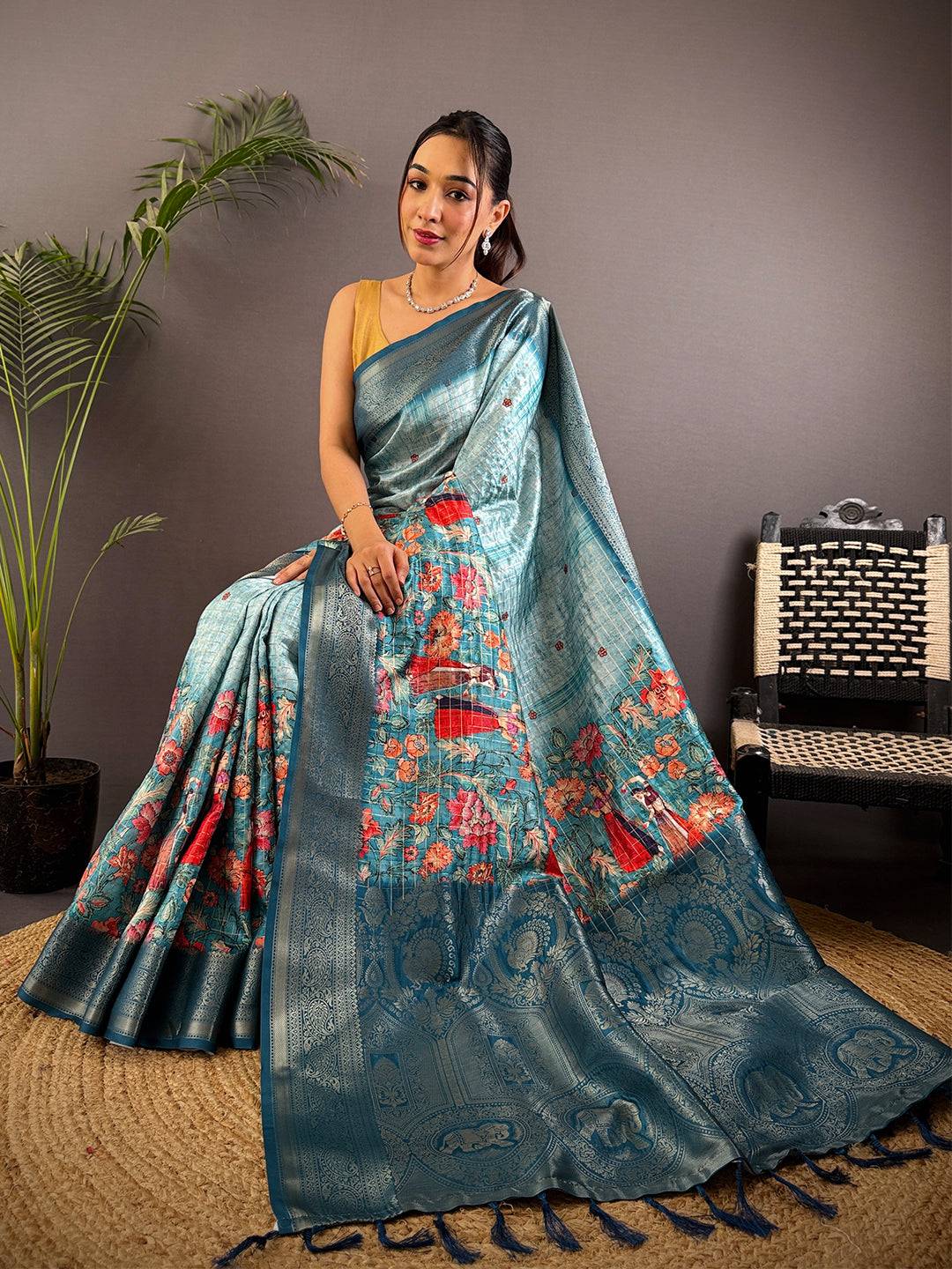 Denim Blue Banarasi Silk Digital Printed Saree