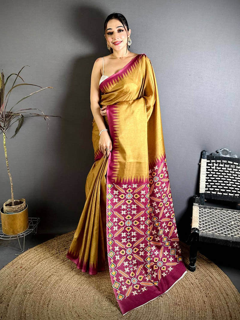 Designer Tussar Patola Printed Pallu Saree