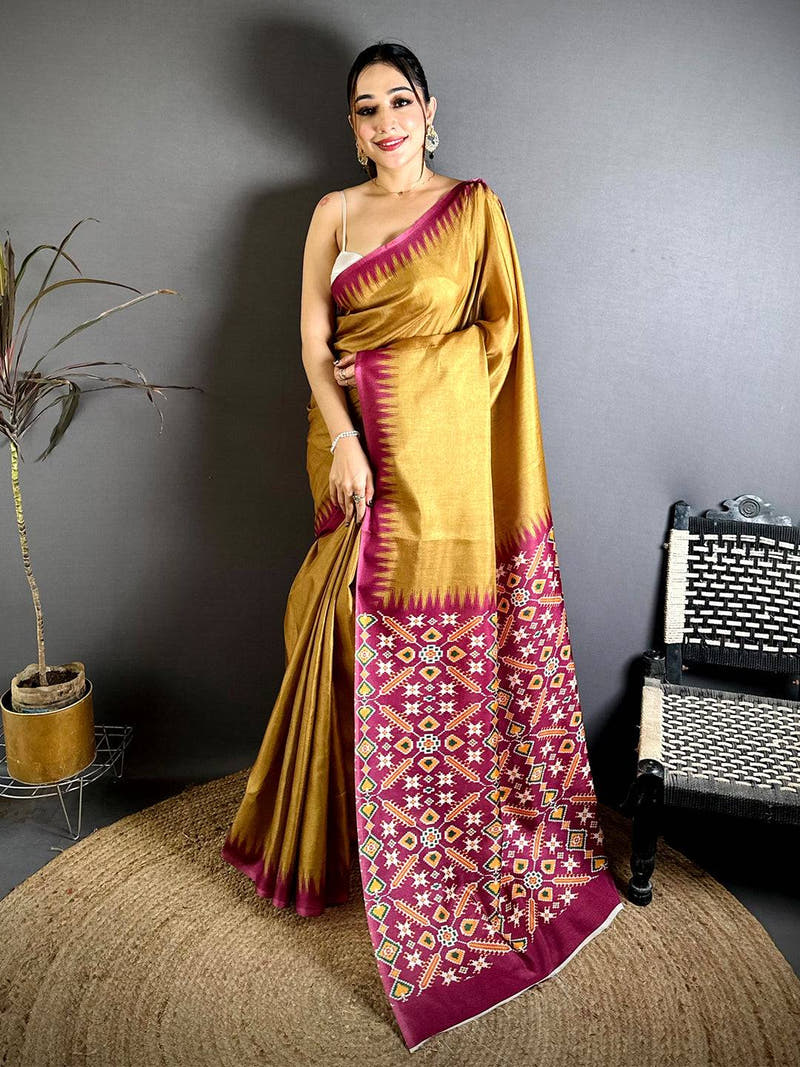 Designer Tussar Patola Printed Pallu Saree