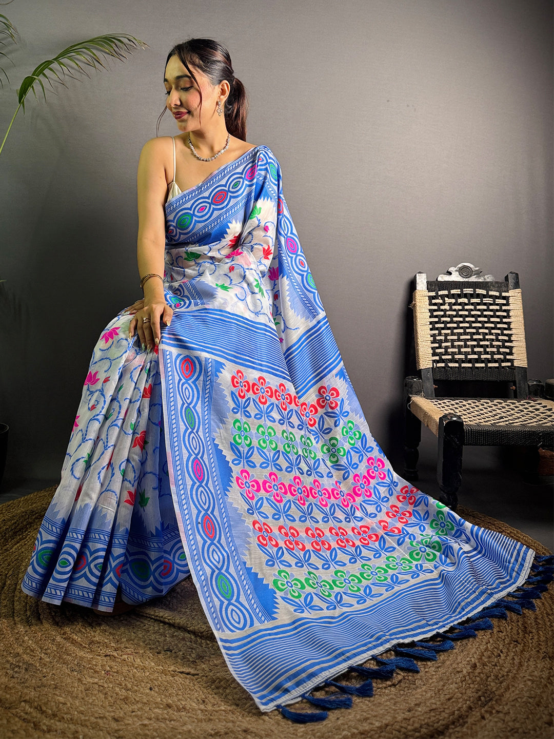 Sky Blue Dhakai Jamdani Soft Cotton Silk Saree