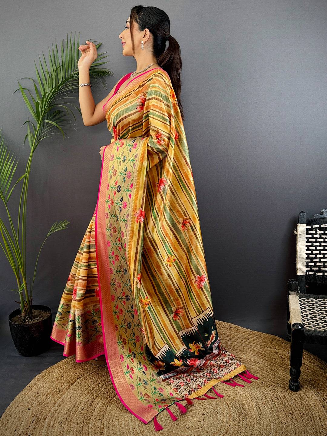 Yellow Freehand Digital Print Soft Silk Saree