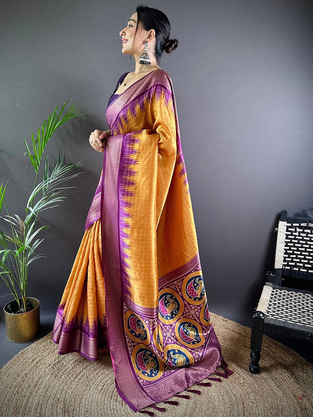 Model showcasing Desert Gold Chex Banarasi Silk Saree