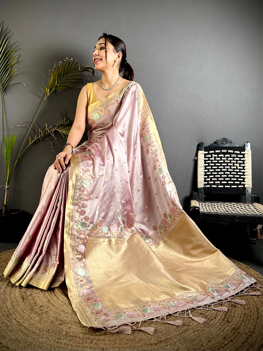 Blush Pink Satin Silk Zari Weave Saree