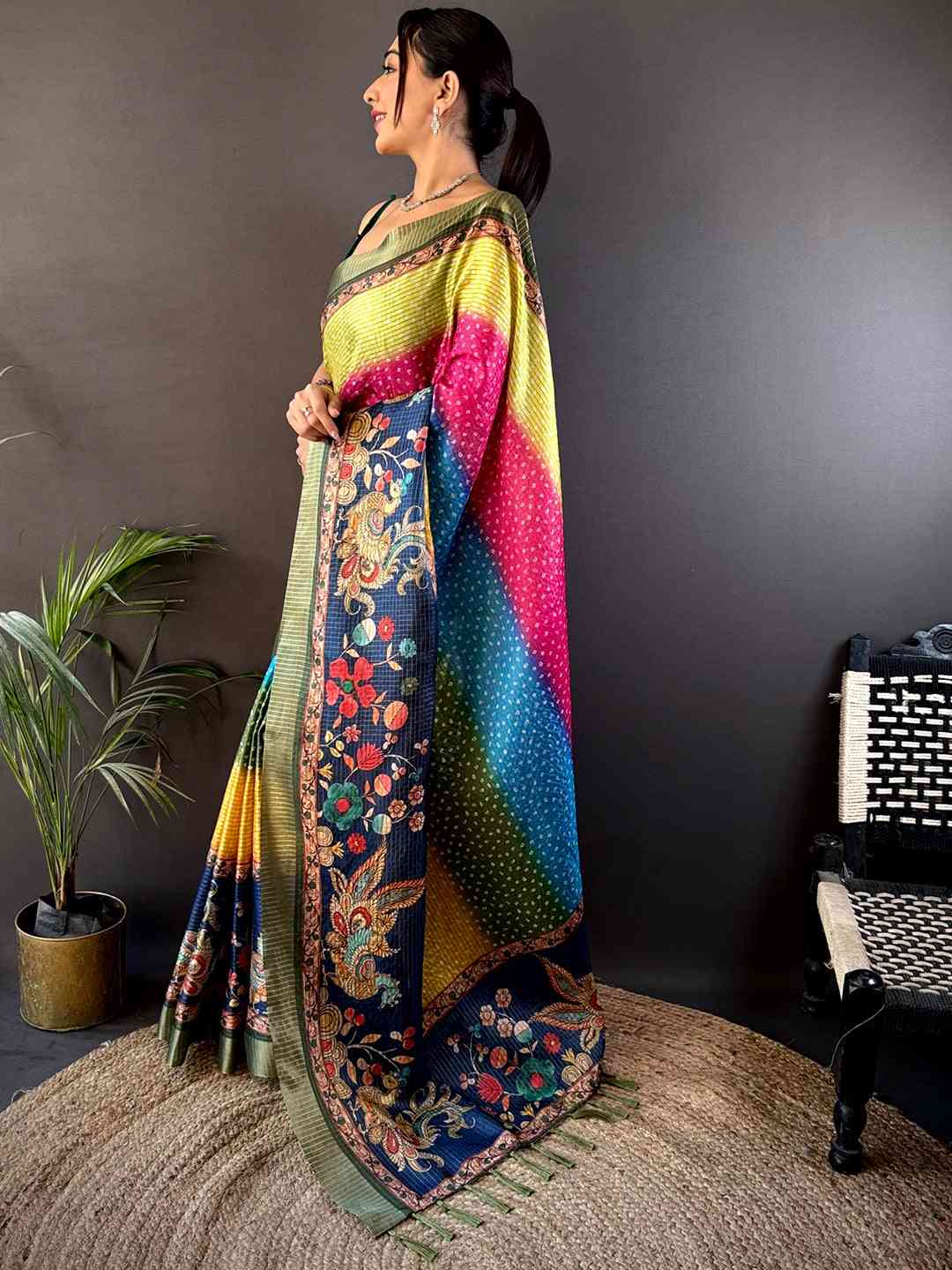 Side profile of Allure Silk Blend Bandhani Print Saree highlighting rich colors, intricate motifs, and luxurious silk blend fabric.
