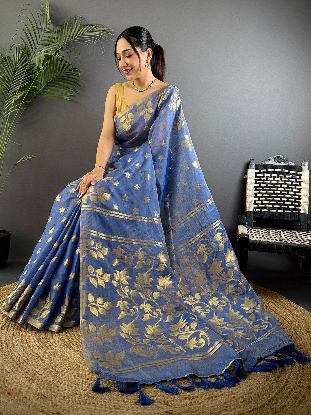 Radiance Blue Dhakai Cotton Silk Saree
