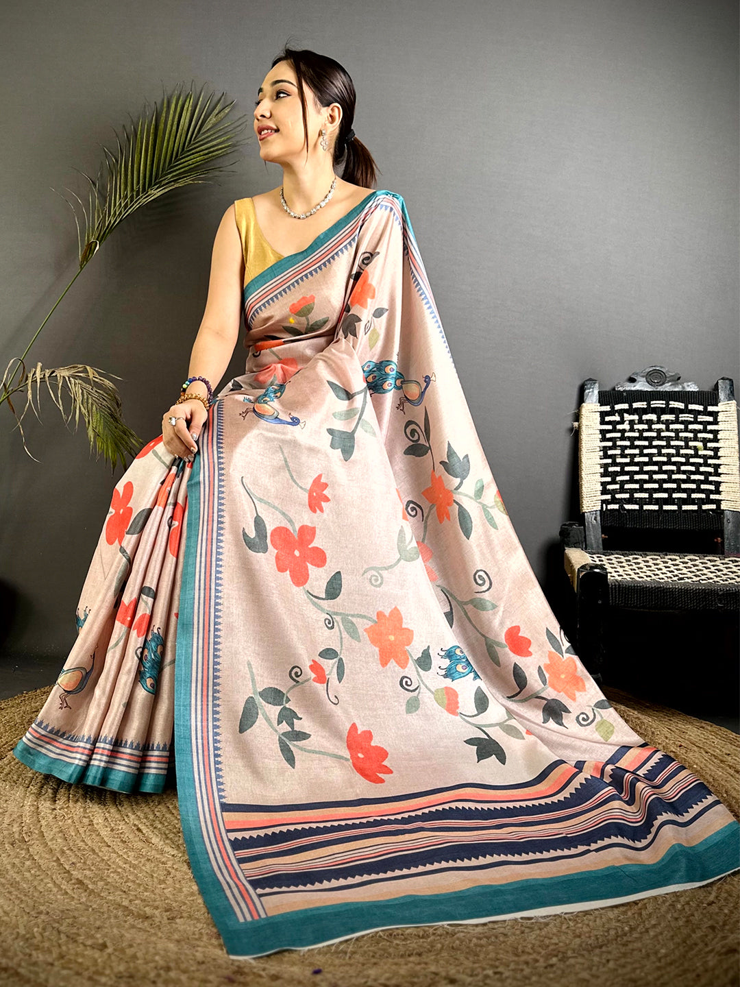Pink Floral Tussar Ikkat Border Saree