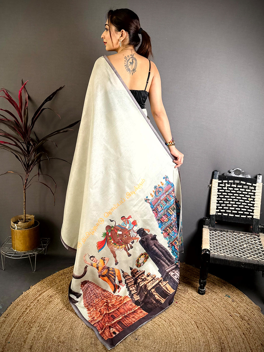 Radiant Tamil Cultural Icons Digital Print saree