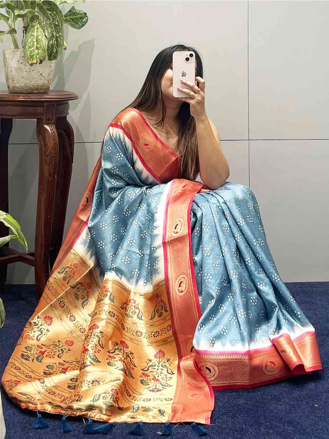 Silk Paithani saree with Bandhej print and Minakari pallu