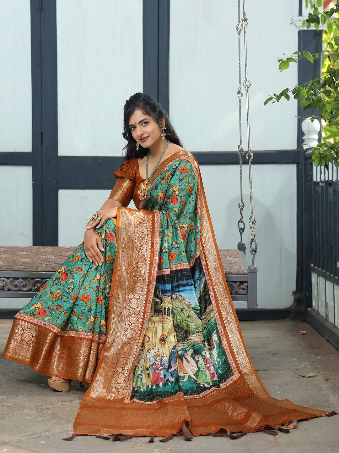 Turquoise Pure Viscose Dola Silk Saree With Mughal Motifs