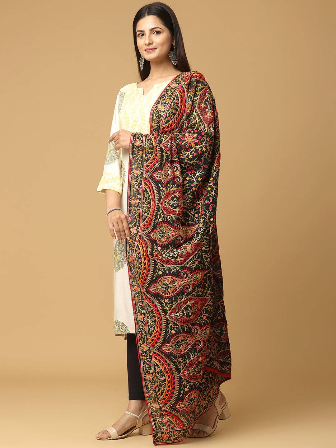 Stylish poly chiffon pashmina dupatta with vibrant ethnic motifs.